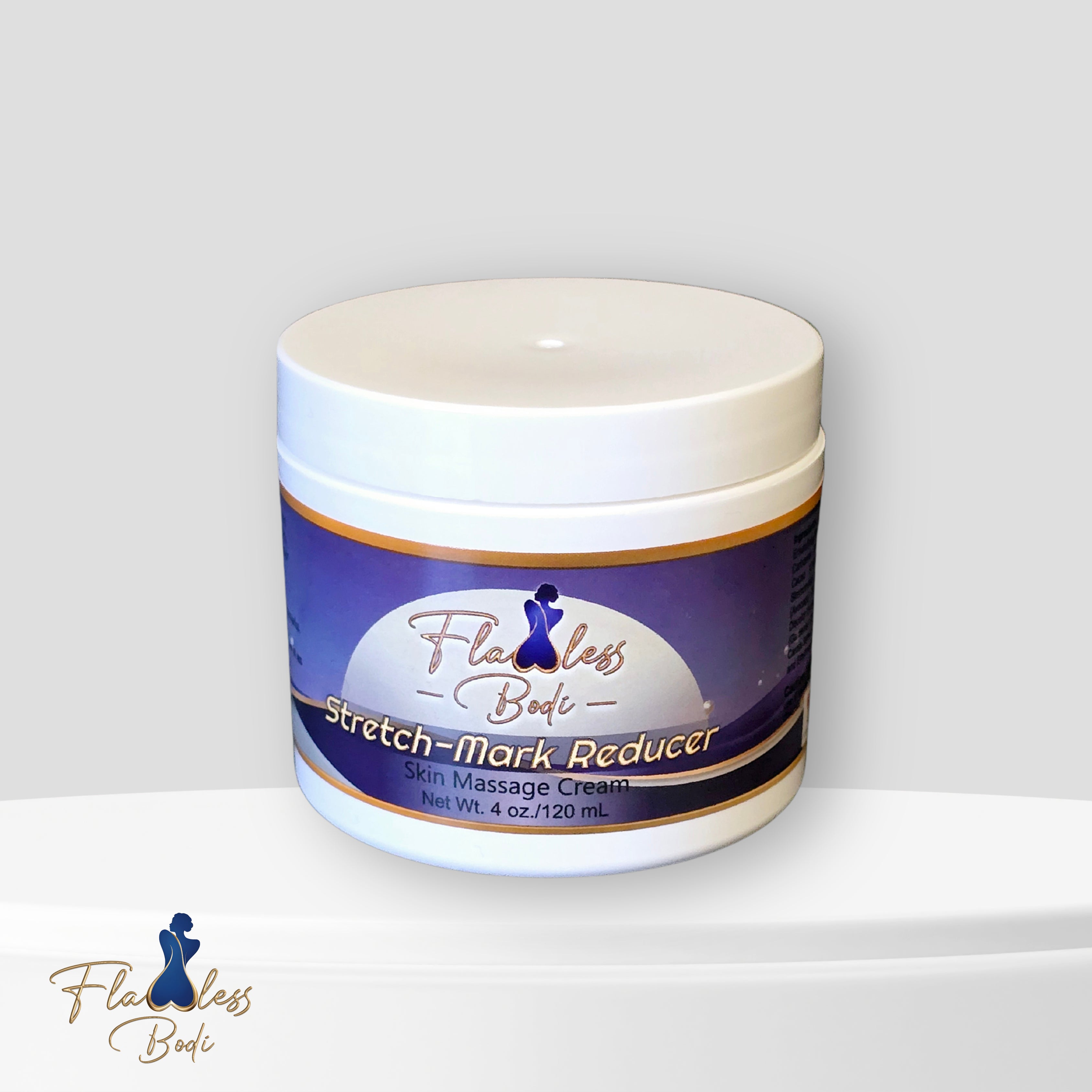 A jar of 'Flawless Body Stretch Mark Reducer' with a white lid and a label that has a purple and black design, indicating it is a beauty product for reducing stretch marks.