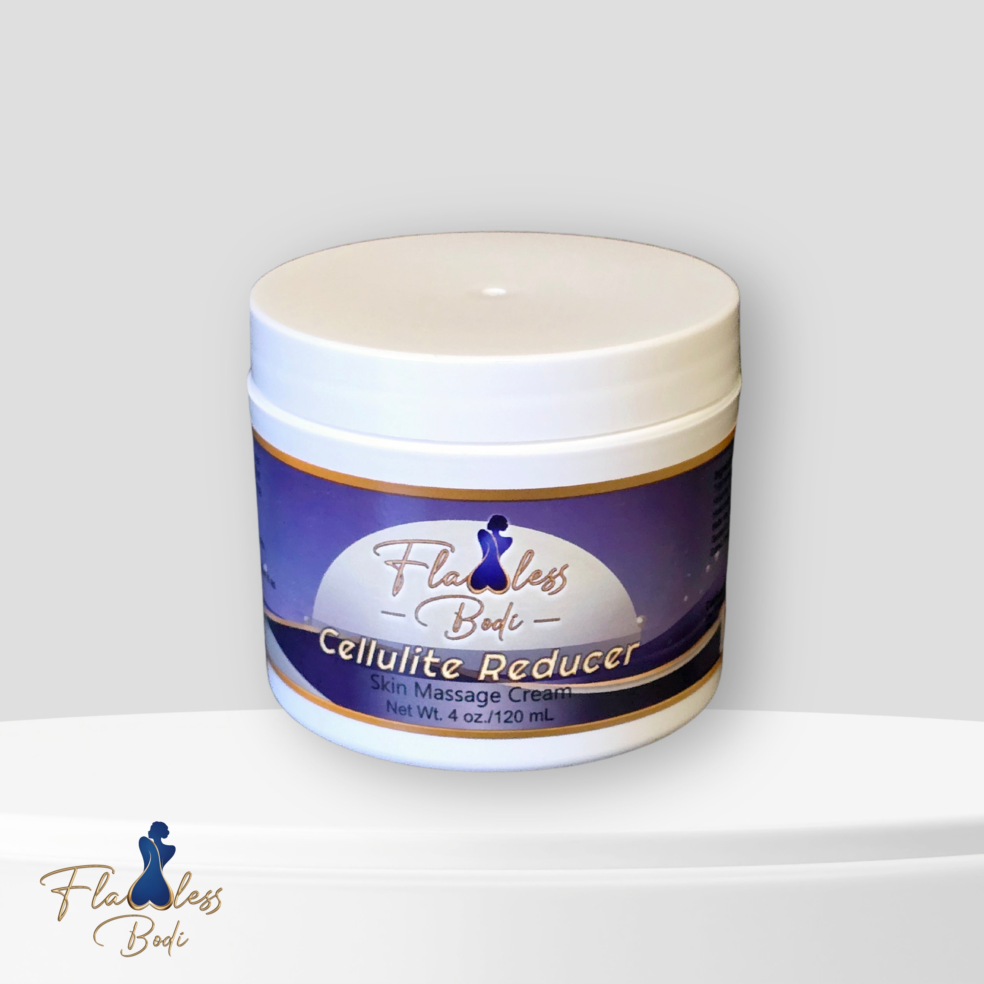 A container of 'Flawless Bod Cellulite Reducer' cream with a white lid and blue label, placed on a white surface.