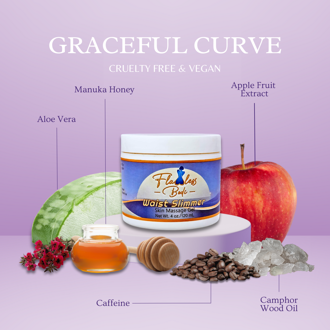 “Product display of Flawless Babe Waist Shimmer Salt Massage jar surrounded by its natural ingredients, including aloe vera, manuka honey, caffeine, apple fruit extract, and camphor wood oil, on a light purple background with the text ‘Graceful Curve – Cruelty Free & Vegan.’”