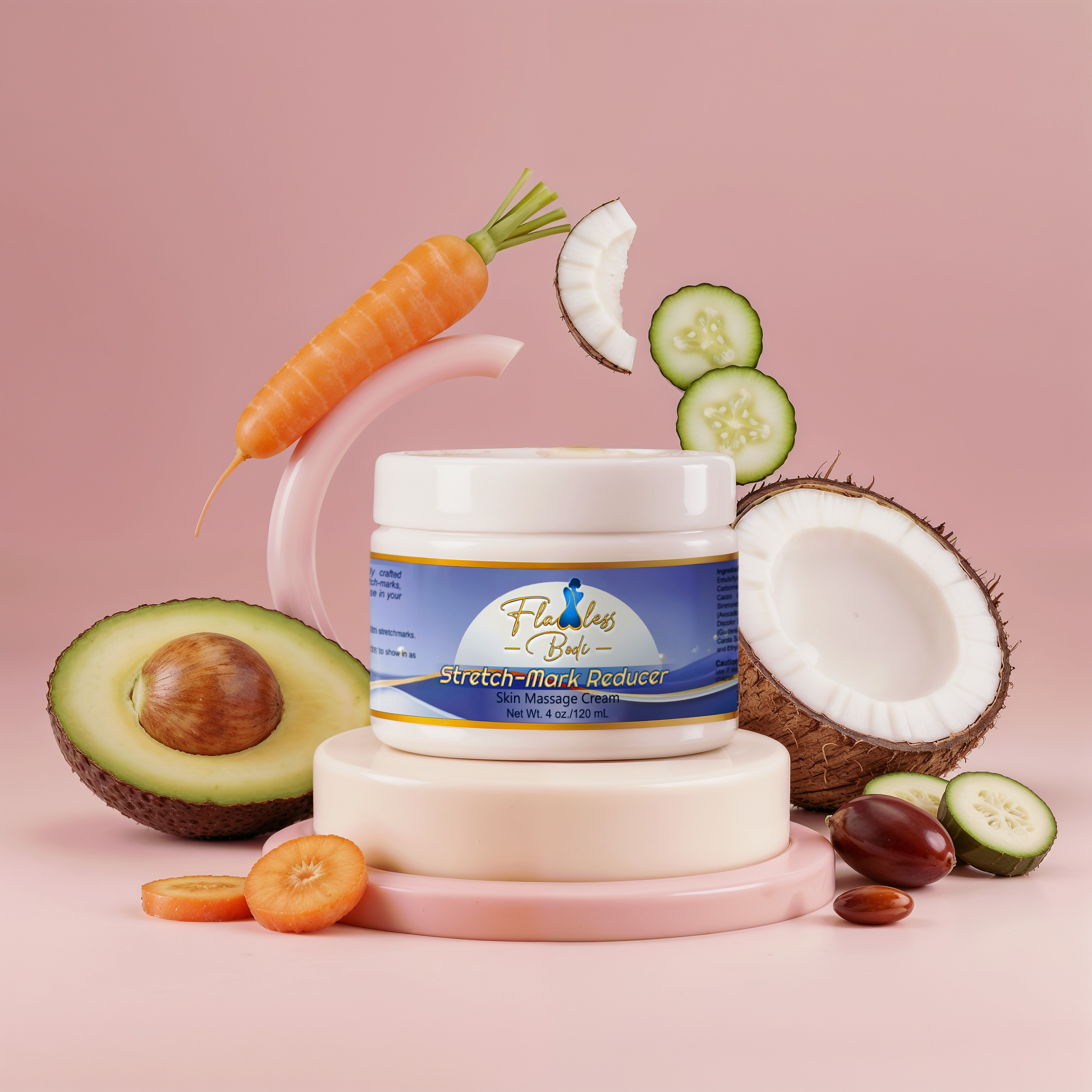 Jar of 'Flawless Belle' stretch-mark reducer with natural ingredients on a pink background