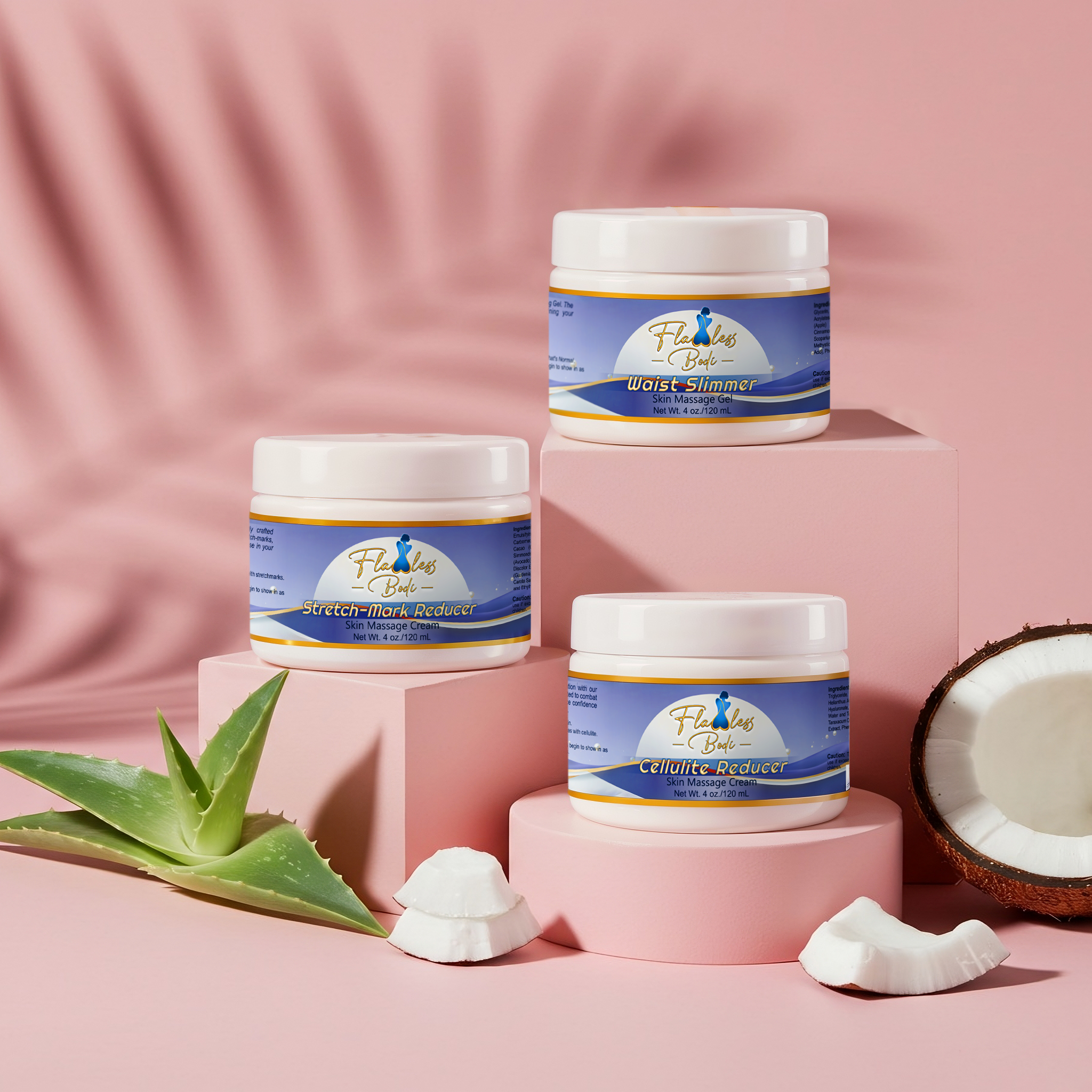 Three jars of Flawless Body on pink stands with a pink background